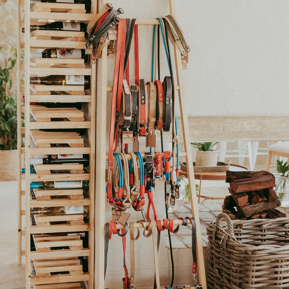 Retail display of wine and handmade leather dog leads