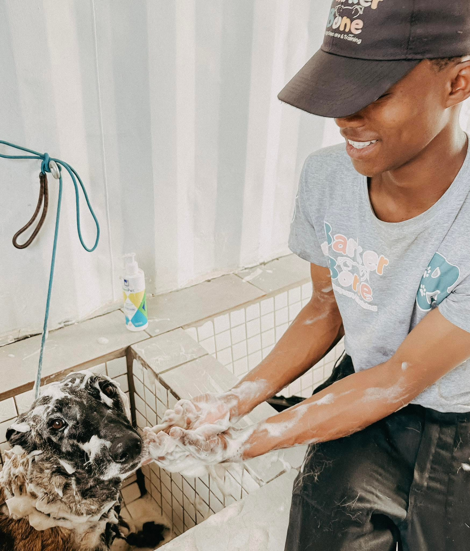 Barker & Bone team member washing a soapy dog in the grooming bath