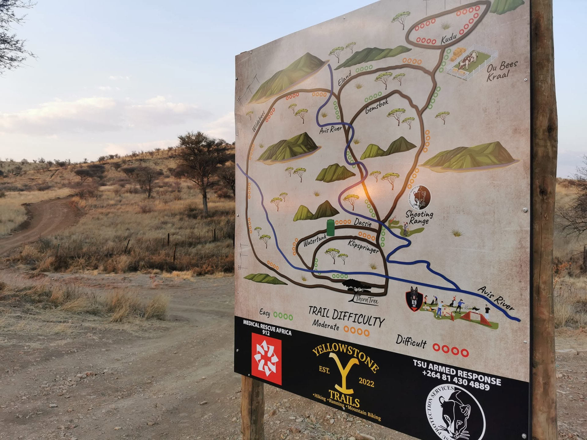 Trail running path through dry grass and acacia trees