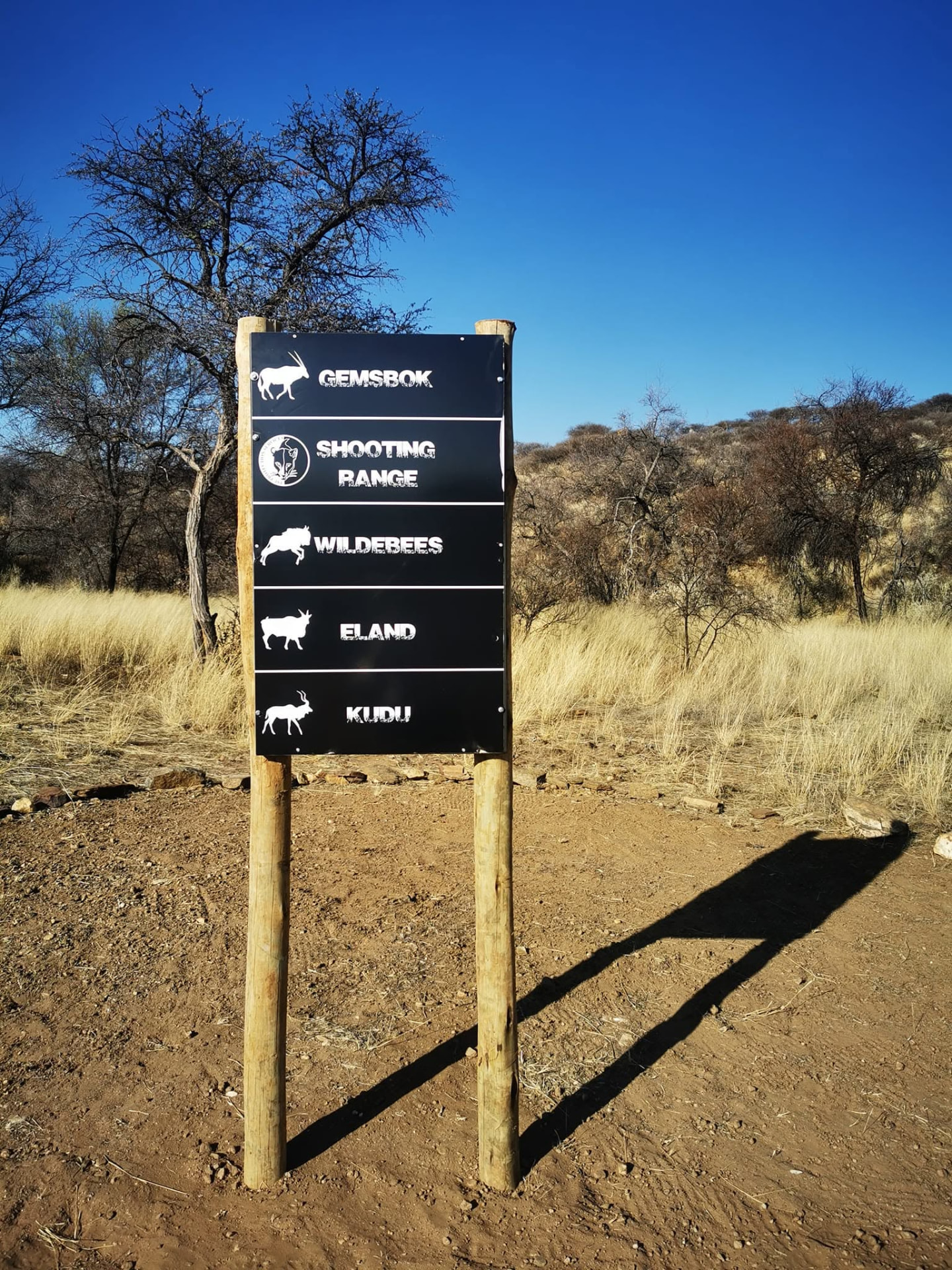 Yellowstone Trails signboard marking the Gemsbok, Wildebees, Eland and Kudu routes and the shooting range
