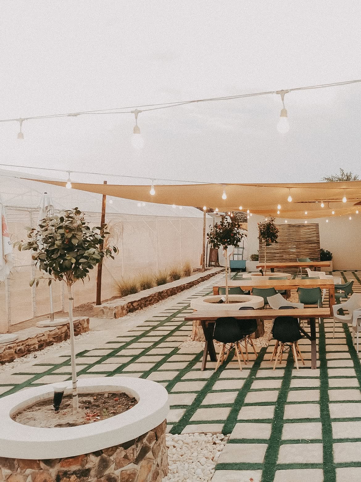 Sunlit courtyard tables among flowers at Guten Morgen Eatery & Flower Farm