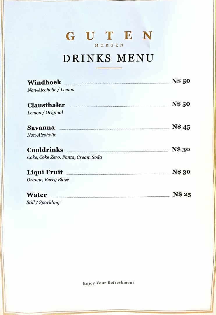 Guten Morgen drinks menu card with prices