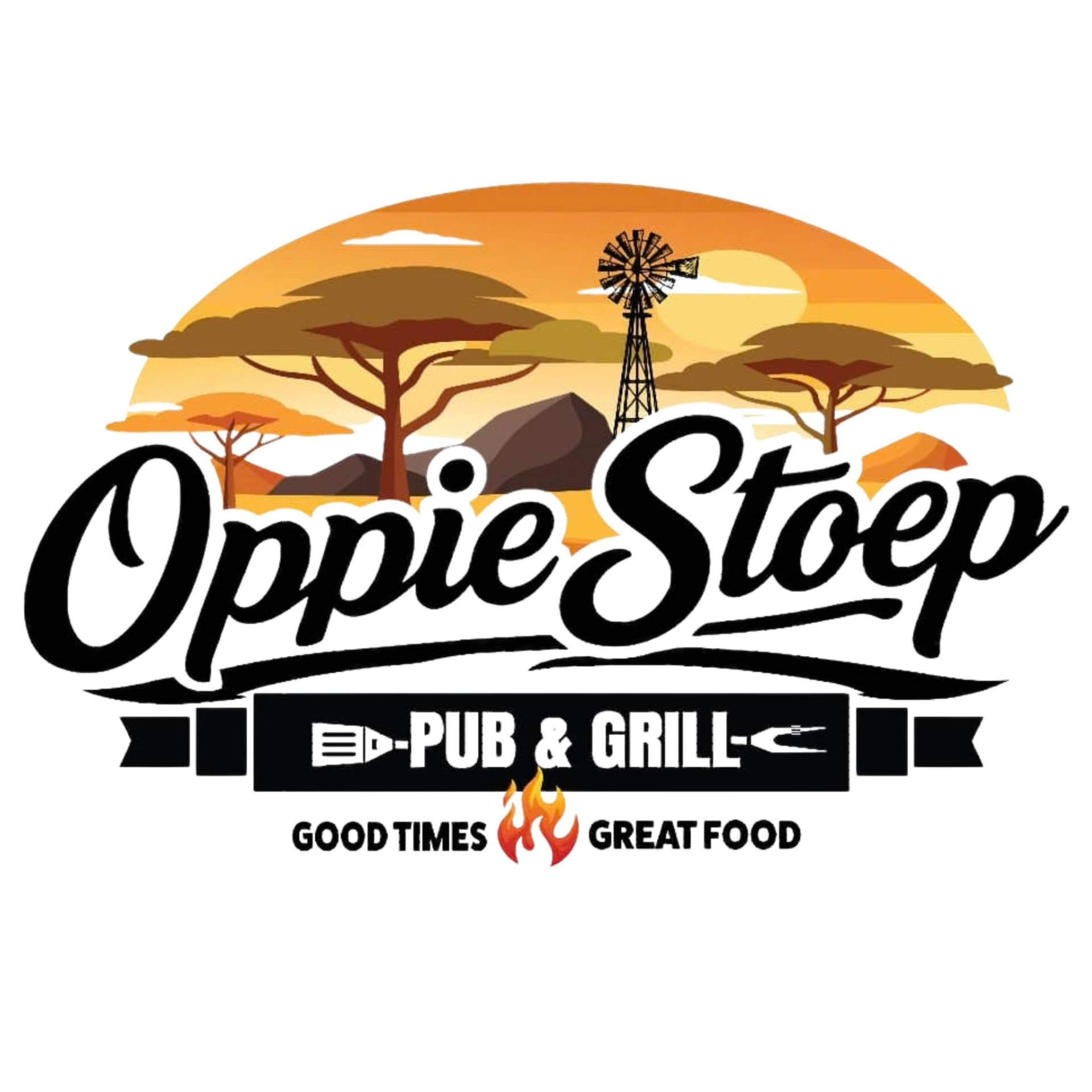 Oppie Stoep Pub & Grill logo with a windmill and camelthorn trees